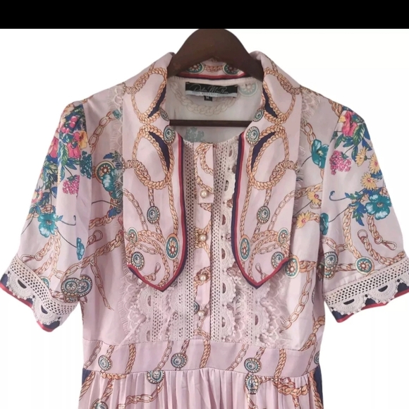 Dalia Macphee Pink Floral Lace Chains Pleated Midi Dress Size M New - Picture 2 of 9